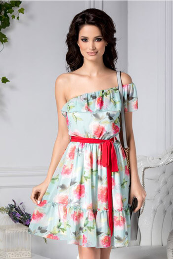 Rochie Kaitlyn bleu de zi cu print floral roz