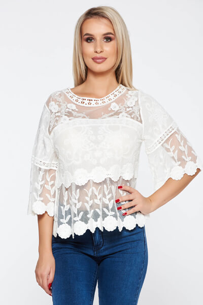 Bluza dama alba casual cu croi larg din bumbac neelastic din dantela