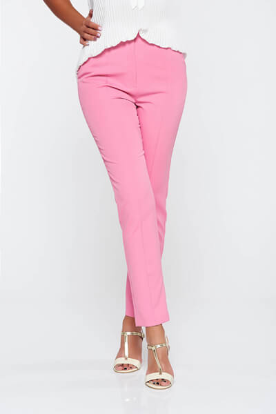 Pantaloni StarShinerS roz eleganti conici cu talie medie din stofa usor elastica cu buzunare
