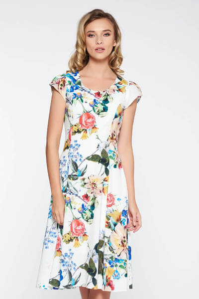 Rochie alba eleganta din material usor elastic captusita pe interior cu imprimeuri florale
