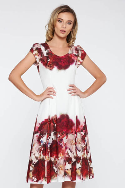 Rochie alba eleganta midi in clos din material usor elastic captusita pe interior cu imprimeuri florale