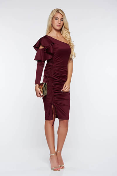 Rochie Artista visinie de ocazie pe umar din material elastic incretit cu volanase la maneca