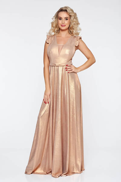 Rochie aurie de ocazie in clos din material lucios cu decolteu adanc