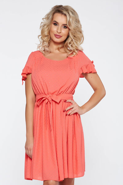 Rochie corai eleganta cu maneci decupate croi in clos cu elastic in talie