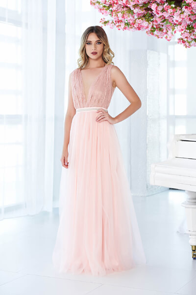 Rochie LaDonna rosa de ocazie in clos din tul si dantela cu aplicatii cu margele
