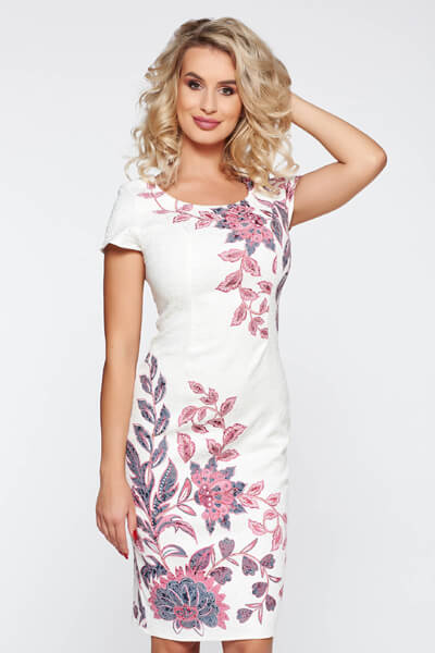 Rochie mov eleganta tip creion din jaquard cu imprimeuri florale