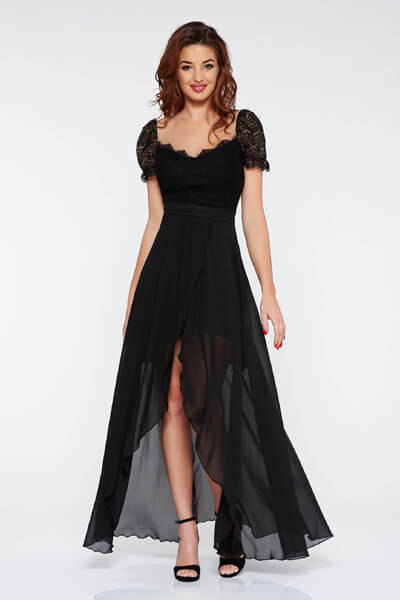 Rochie neagra de ocazie asimetrica din voal din dantela captusita pe interior