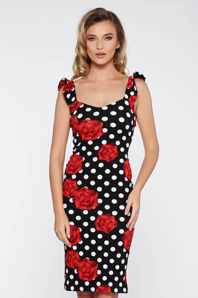 Rochie StarShinerS neagra de zi tip creion din material elastic cu volanase la bretele