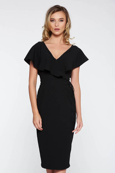 Rochie StarShinerS neagra eleganta tip creion din material usor elastic cu snur in talie si decolteu in V