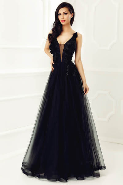 Rochie StarShinerS neagra de ocazie din tul captusita pe interior cu aplicatii florale cu efect 3D