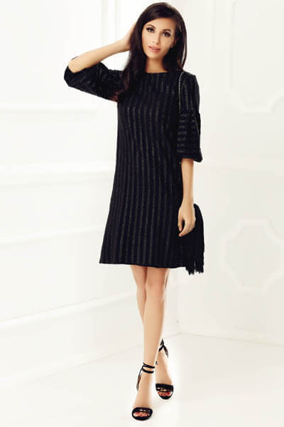 Rochie StarShinerS neagra eleganta din material usor elastic captusita pe interior cu maneci bufante