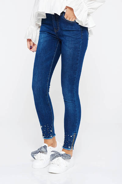 Blugi SunShine albastri casual skinny cu talie inalta din bumbac cu aplicatii cu perle si buzunare