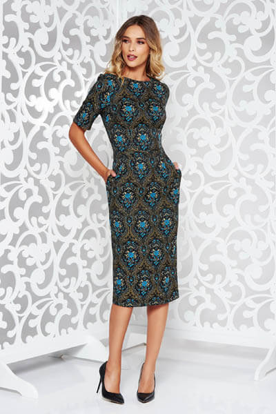 Rochie StarShinerS albastra eleganta din jaquard cu maneci scurte cu buzunare