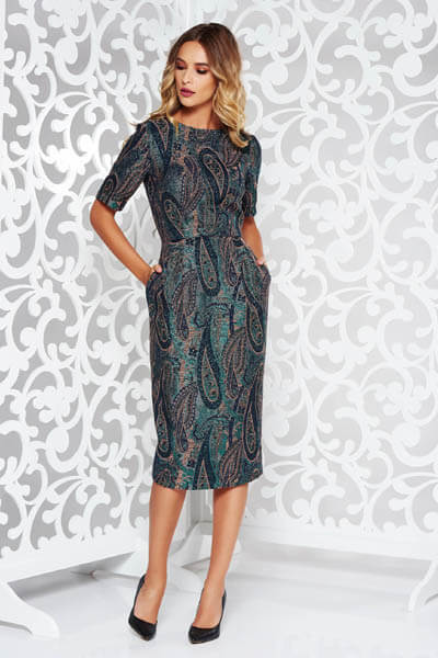 Rochie StarShinerS verde eleganta cu un croi cambrat din bumbac neelastic cu buzunare