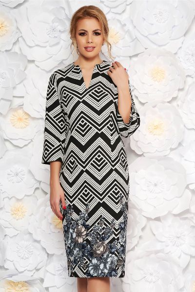 Rochie neagra office midi din bumbac neelastic cu decolteu in v