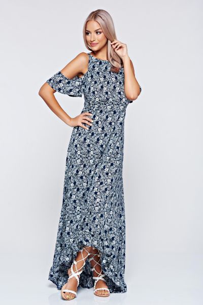 Rochie StarShinerS albastra lunga din material vaporos cu umeri decupati