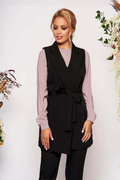 Compleu negru elegant din 2 piese cu pantalon din stofa subtire cu cordon detasabil