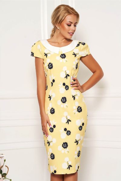 Rochie Fofy galbena de zi tip creion din material usor elastic cu guler si imprimeu floral