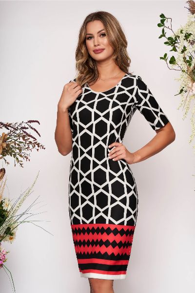 Rochie neagra de zi tip creion din material usor elastic cu imprimeu geometric