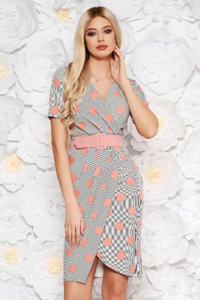 Rochie PrettyGirl alba office midi tip creion din material fin la atingere cu accesoriu tip curea