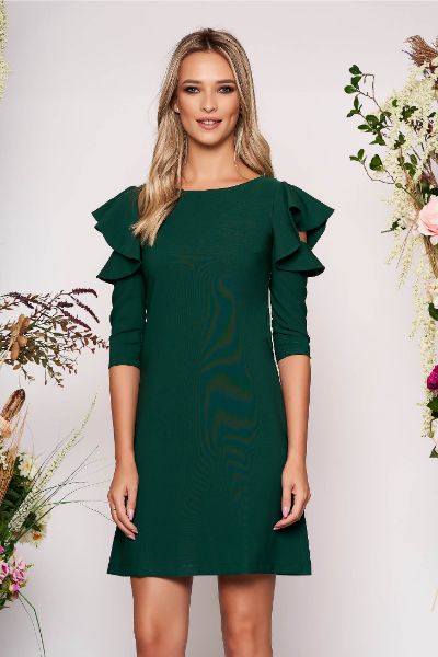 Rochie LaDonna verde-inchis eleganta de zi din stofa usor elastica cu croi in a si volanase la maneca