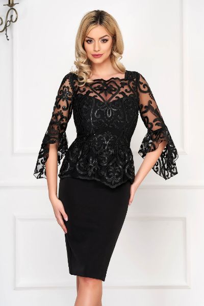 Rochie neagra midi de ocazie tip creion din stofa cu maneci clopot si aplicatii cu paiete