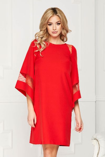 Rochie StarShinerS rosie midi de ocazie din stofa cu croi tip balon captusita pe interior cu maneci clopot