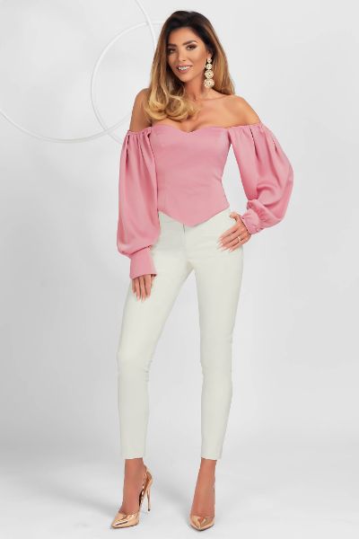 Pantaloni PrettyGirl ivoire office conici cu talie inalta