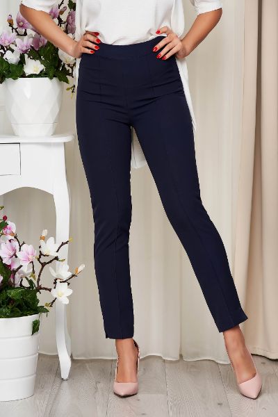 Pantaloni StarShinerS albastru-inchis office conici din material usor elastic cu talie inalta