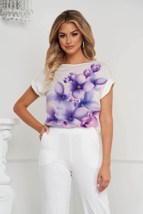 Bluza dama StarShinerS cu croi larg asimetrica din voal cu imprimeuri florale unice