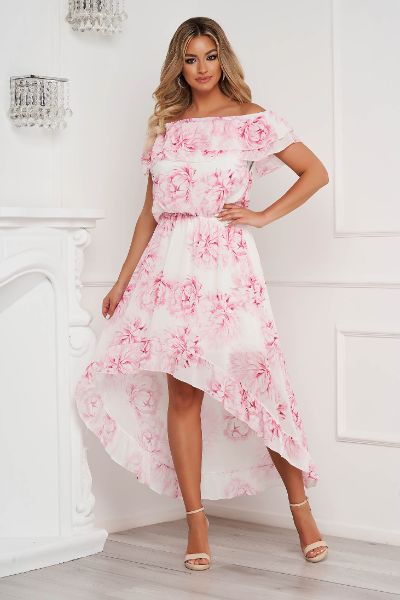 Rochie SunShine asimetrica din voal cu umeri goi si volanase pe linia decolteului si la terminatie