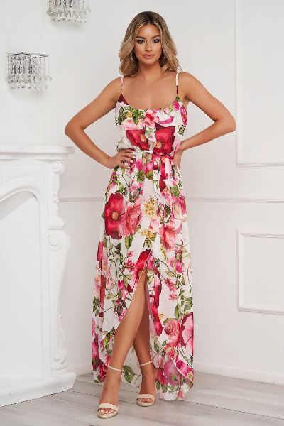 Rochie SunShine lunga asimetrica din voal cu elastic in talie si volanase