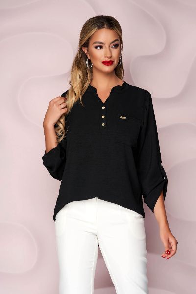 Bluza dama Lady Pandora neagra din material vaporos si creponat cu croi larg si buzunar in fata