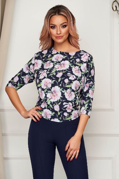 Bluza dama StarShinerS albastru-inchis office scurta cu croi larg din material fin la atingere cu maneci trei-sferturi