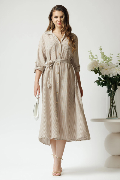 Rochie casual din panza ivory cu dungi maro si nasturi