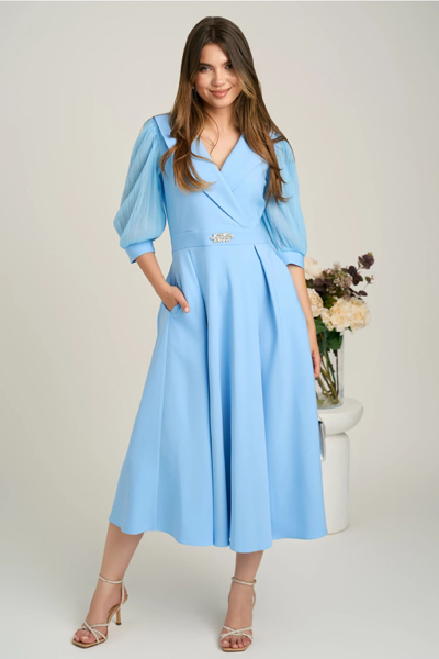 Rochie midi bleu din stofa clos cu maneci din voal - LaDonna