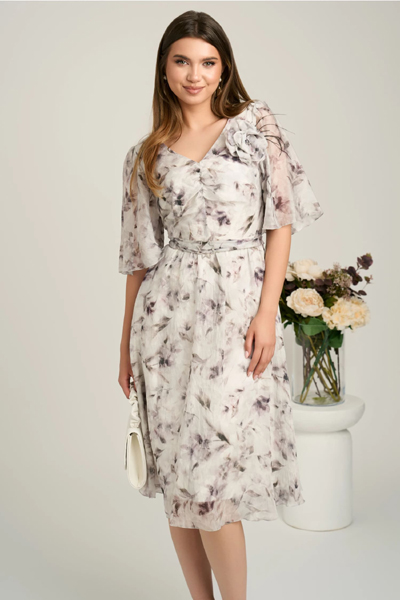 Rochie midi gri din voal cu imprimeuri si floare maxi pe bust - Viada