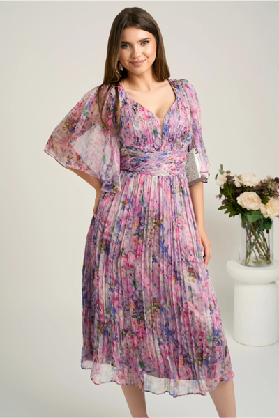 Rochie midi lila din matase naturala cu imprimeuri florale roz - Viada