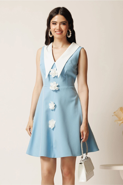 Rochie scurta bleu in clos cu flori 3D si guler alb