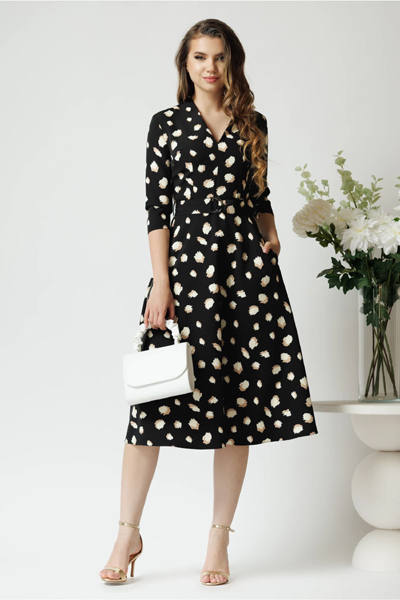 Rochie din stofa neagra midi de zi cu imprimeuri bej si decolteu