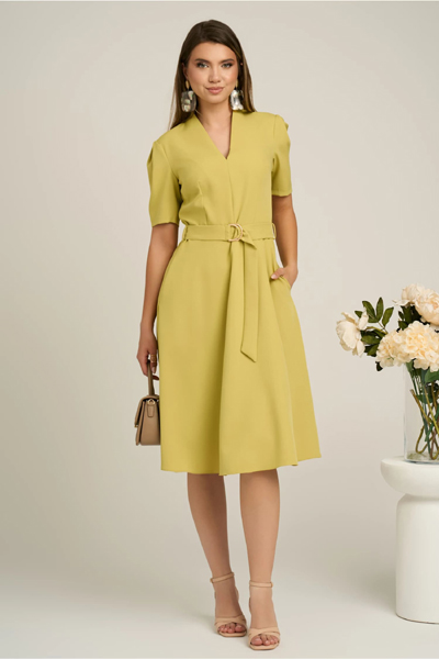 Rochie din stofa verde lime cu cordon in talie si decoteu in V