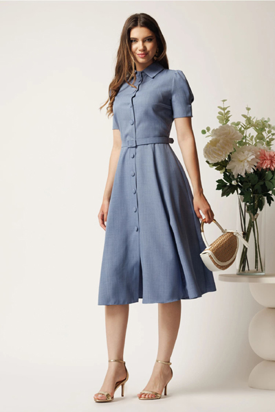 Rochie DY Fashion albastra in clos cu nasturi si curea in talie