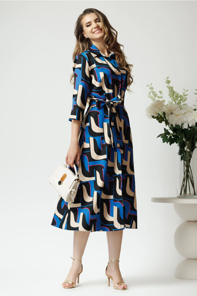 Rochie office cu imprimeu geometric albastru si cordon in talie